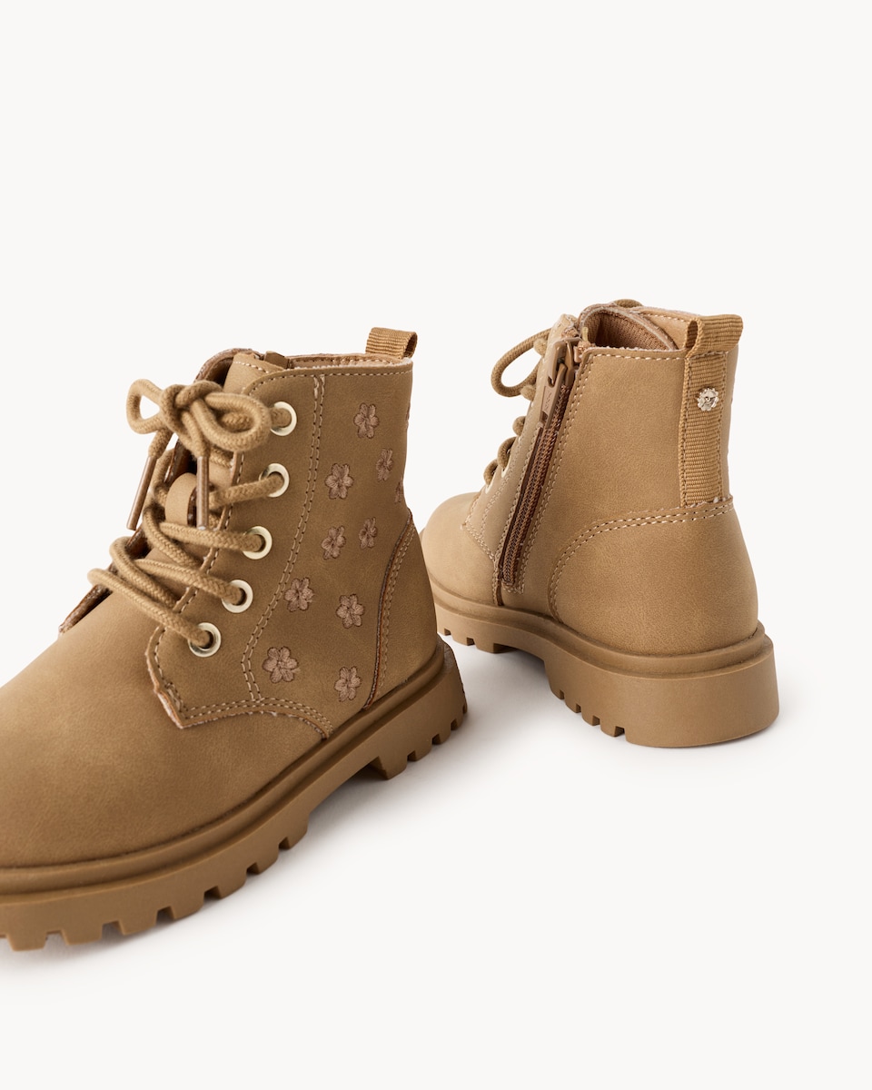 image 1 of F&F Girls Embroidered Lace Up Ankle Boots in Tan