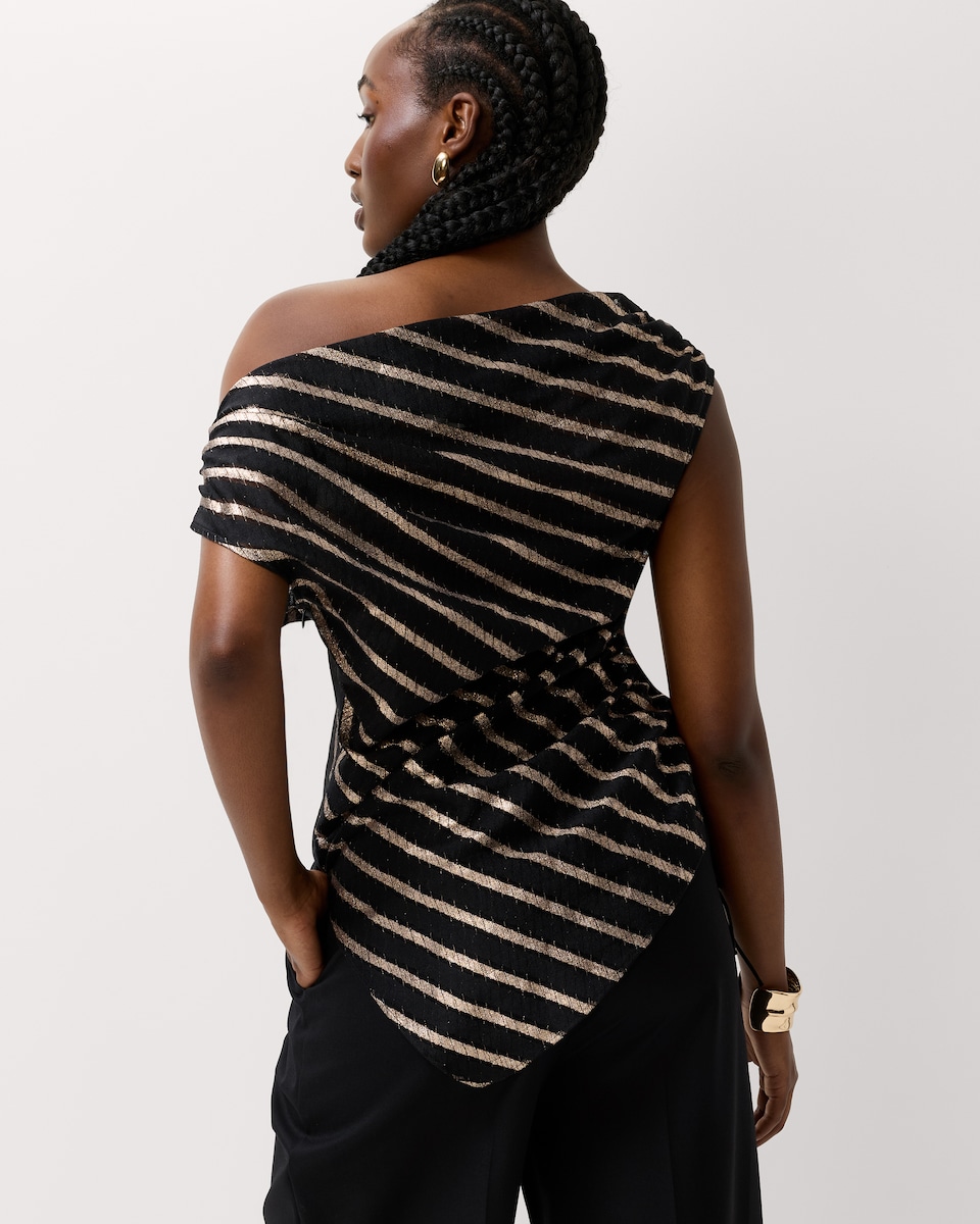 image 1 of F&F Satin Sparkly Striped Draped Top in Chocolate