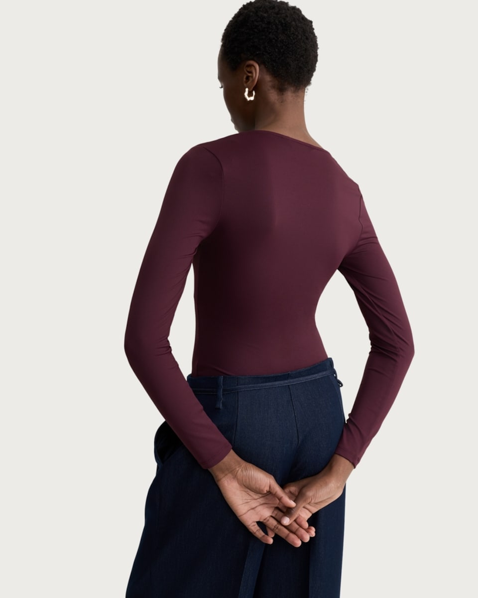 image 1 of F&F Polyamide Square Neck Long Sleeved Bodysuit in Burgundy