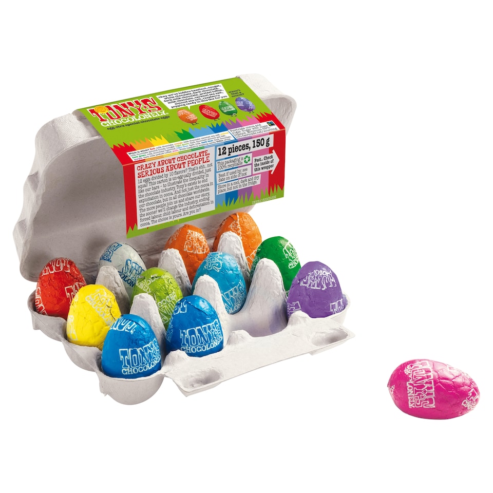 image 1 of Tony's Chocolonely 12 Egg-Stra Special Chocolate Eggs 150G
