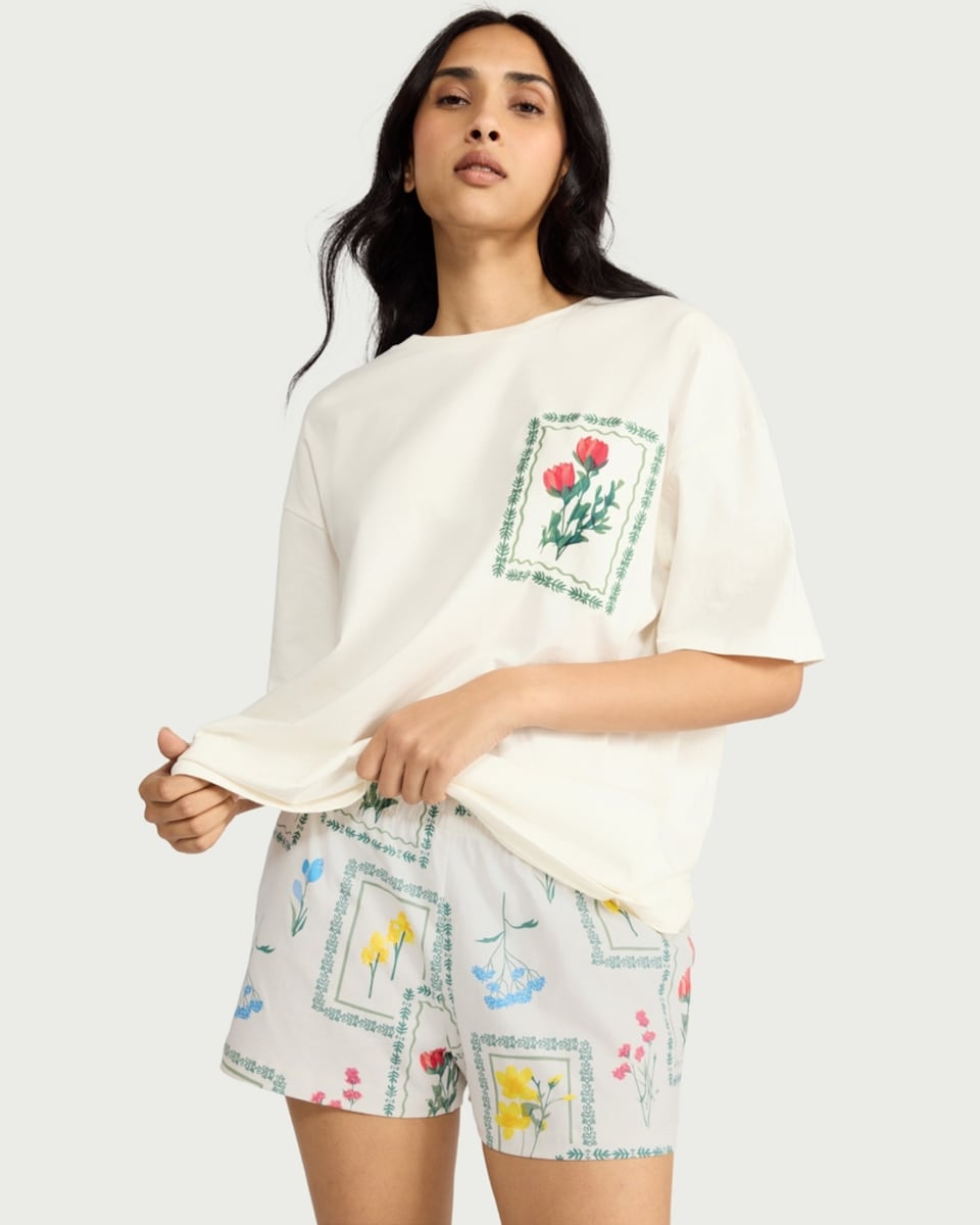 image 1 of F&F Pure Cotton Floral Print Short Pyjama Set in Cream