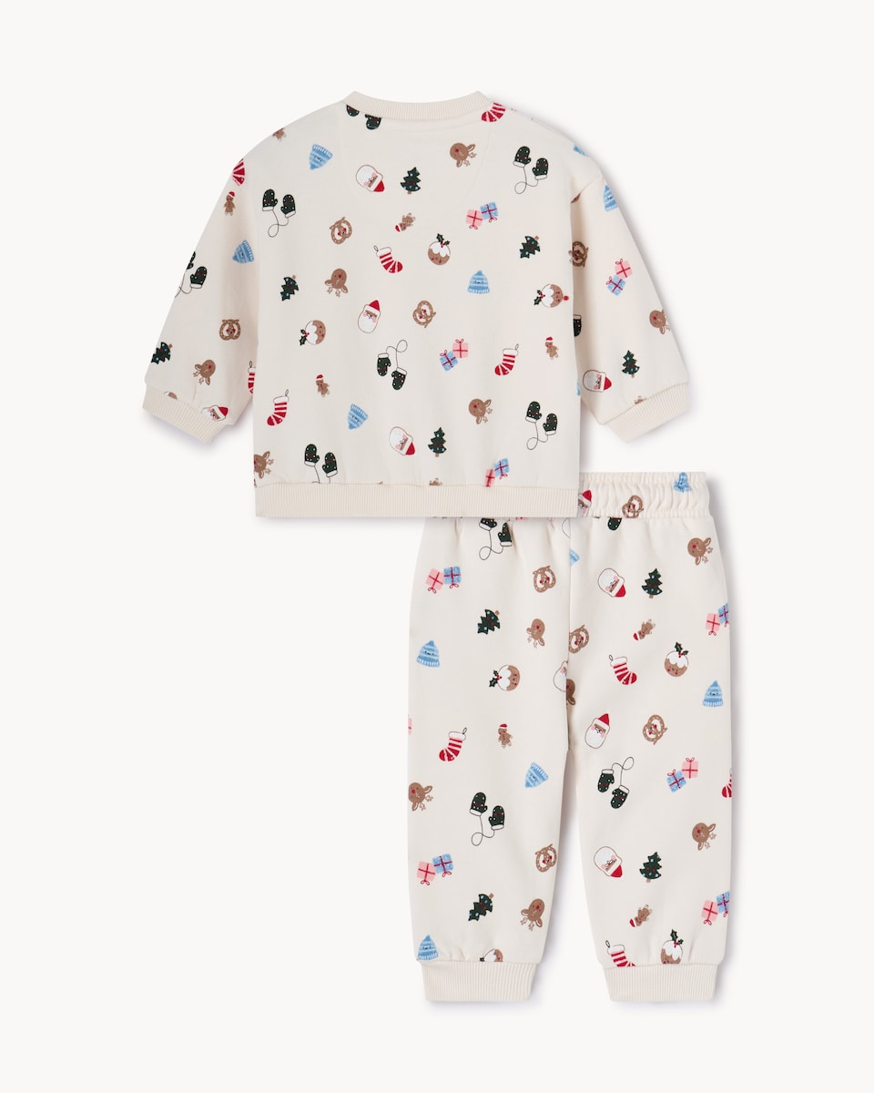 image 1 of Christmas Baby Cotton Rich Printed Sweatshirt and Joggers Set in Cream