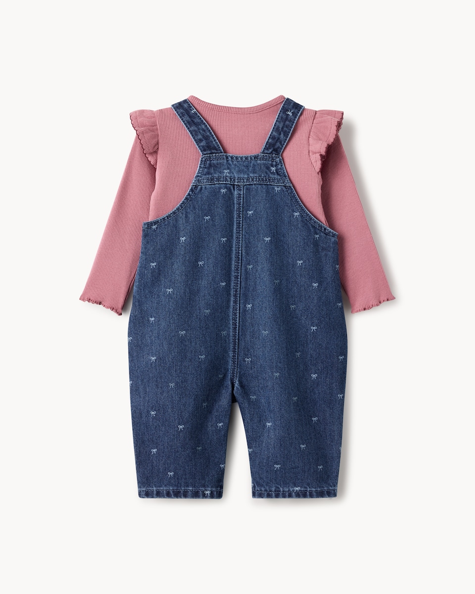 image 1 of F&F Baby Cotton Rich Bow Denim Dungarees and Bodysuit Set in Blue