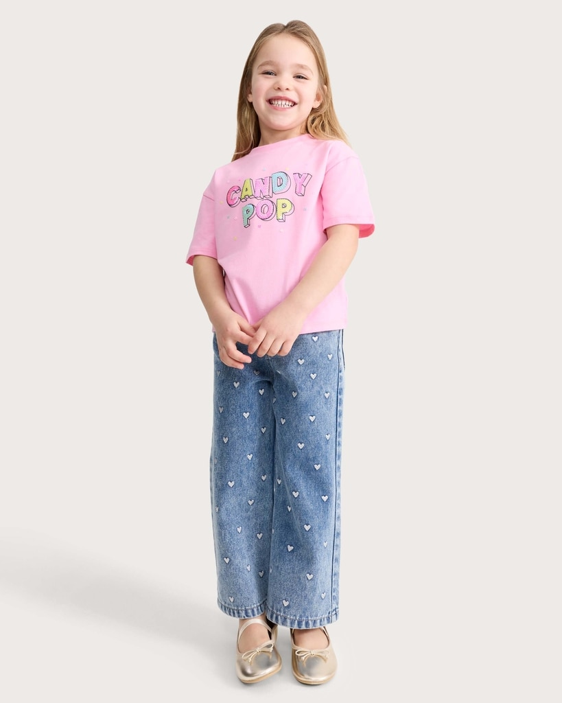 F&F Girls Pure Cotton Sequin Candy Pop Print T-Shirt in Hot Pink