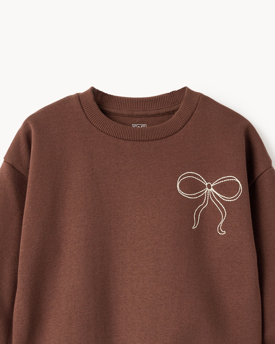 image 1 of F&F Girls Cotton Rich Bow Sweatshirt and Leggings Set in Brown
