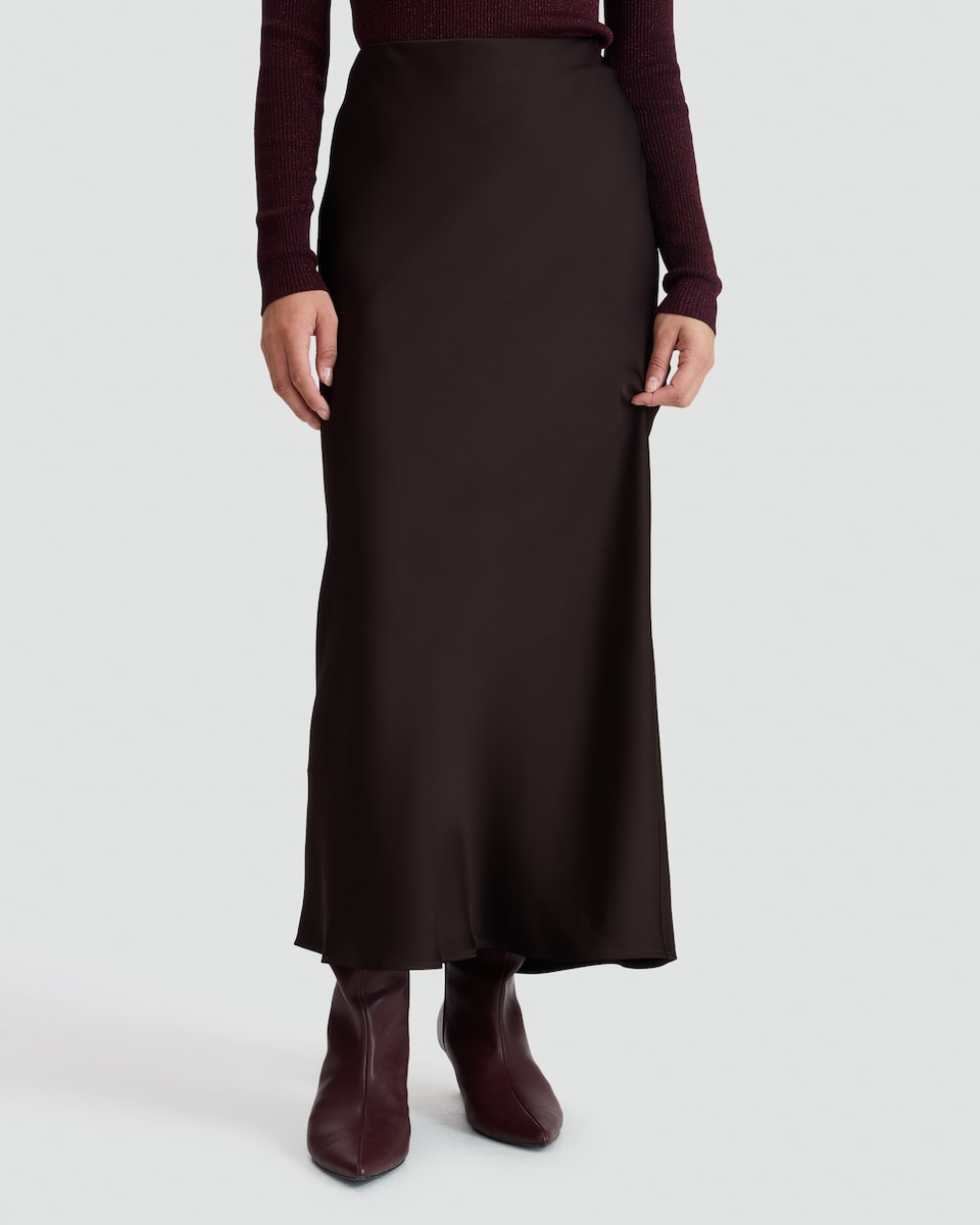 image 1 of F&F Satin Midi Slip Skirt in Chocolate
