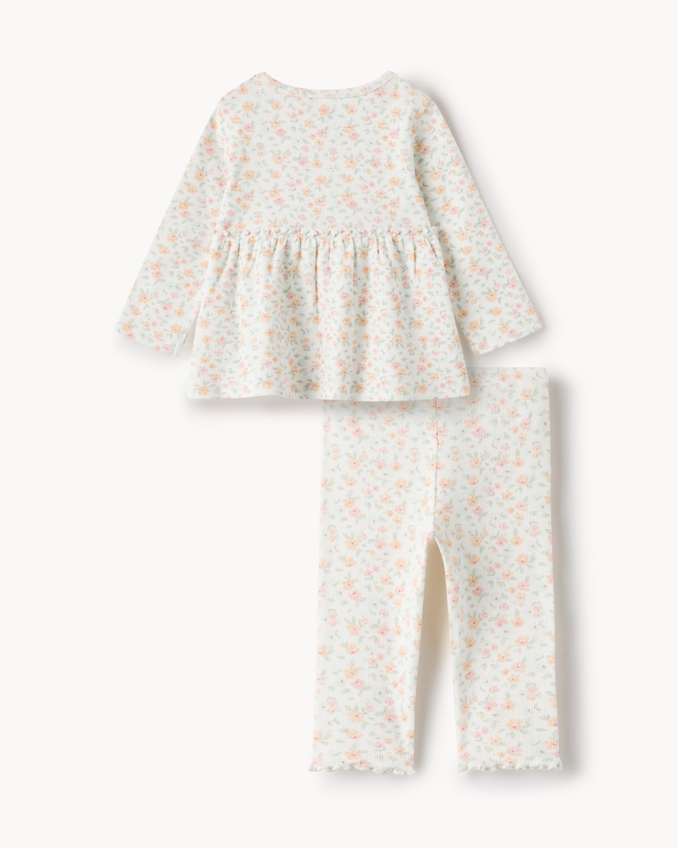 image 1 of F&F Baby 2-Piece Cotton Rich Ribbed Floral Set in Cream