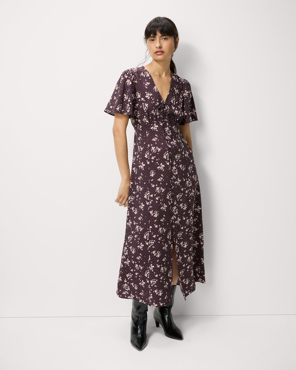 image 1 of F&F Printed V Neck Midi Dress in Multi Brown