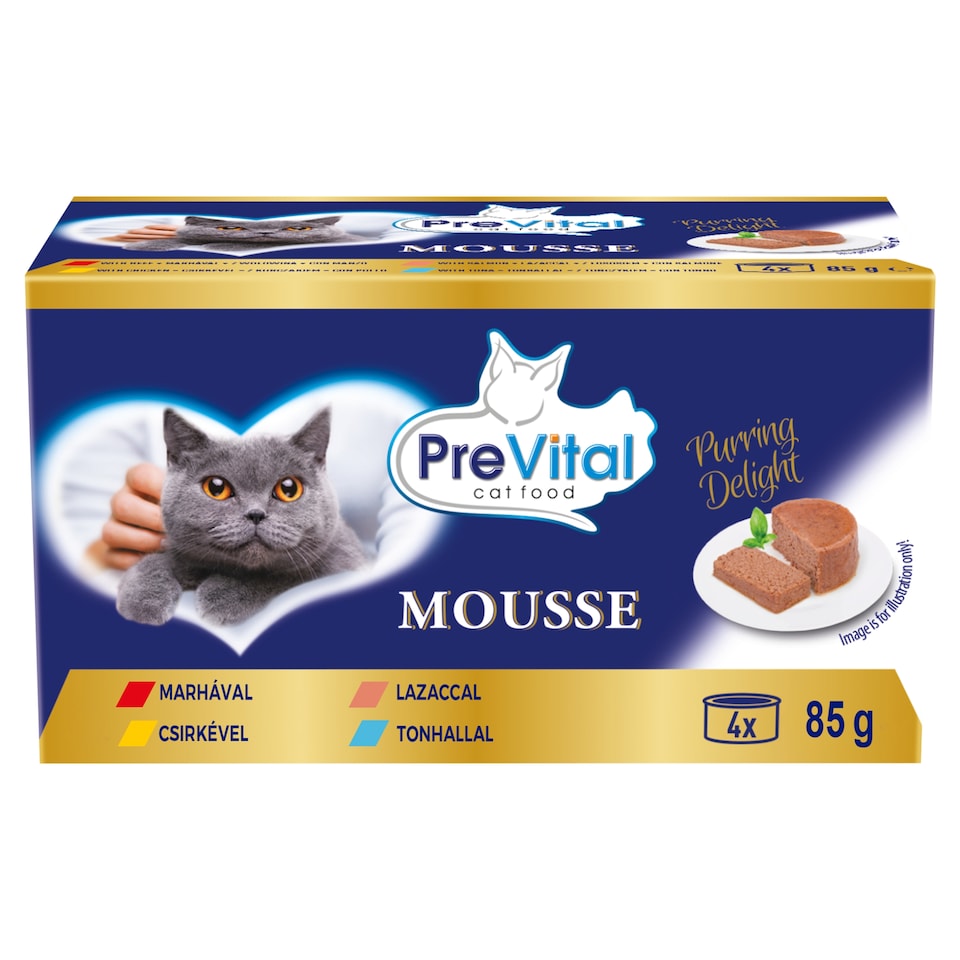 PreVital Mousse nedves macskaeledel, macskatáp felnőtt macskáknak pástétom konzerv 4 x 85 g  1. kép
