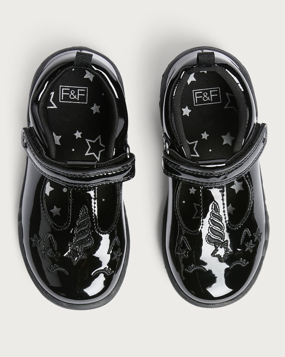 image 1 of F&F School Girls Unicorn Patent Shoes in Black