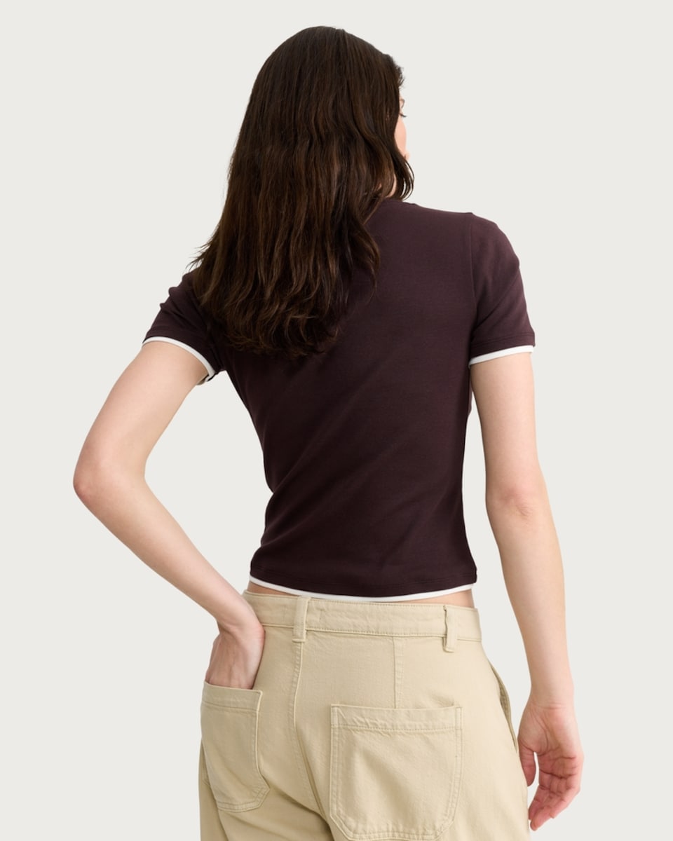 image 1 of F&F Pure Cotton Double Layer Cropped T-Shirt in Brown