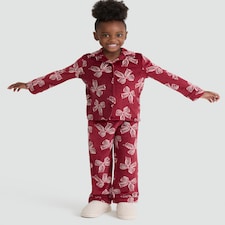 F&F Girls Fleece Bow Print Revere Shirt and Trousers Pyjamas in Burgundy