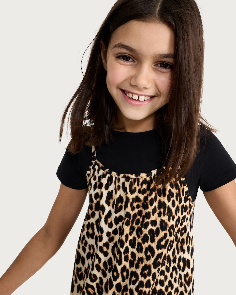 image 1 of F&F Girls Crinkle Textured Leopard Print T-Shirt Dress in Multi Black