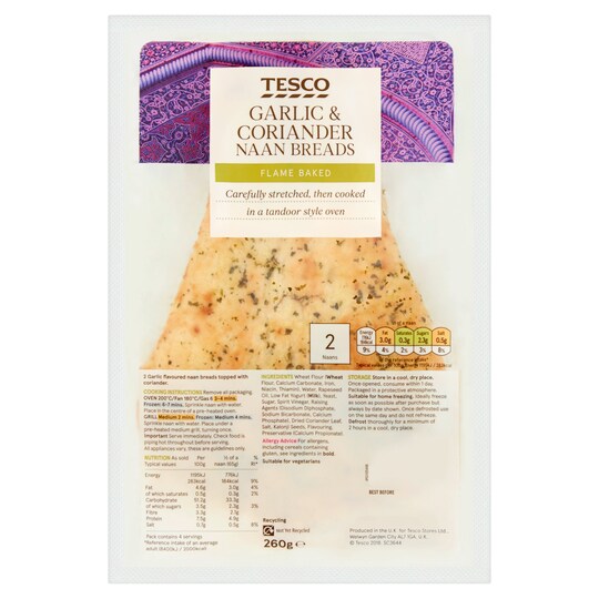 Tesco Garlic/Coriander Naan 2 Pack 260G Tesco Groceries