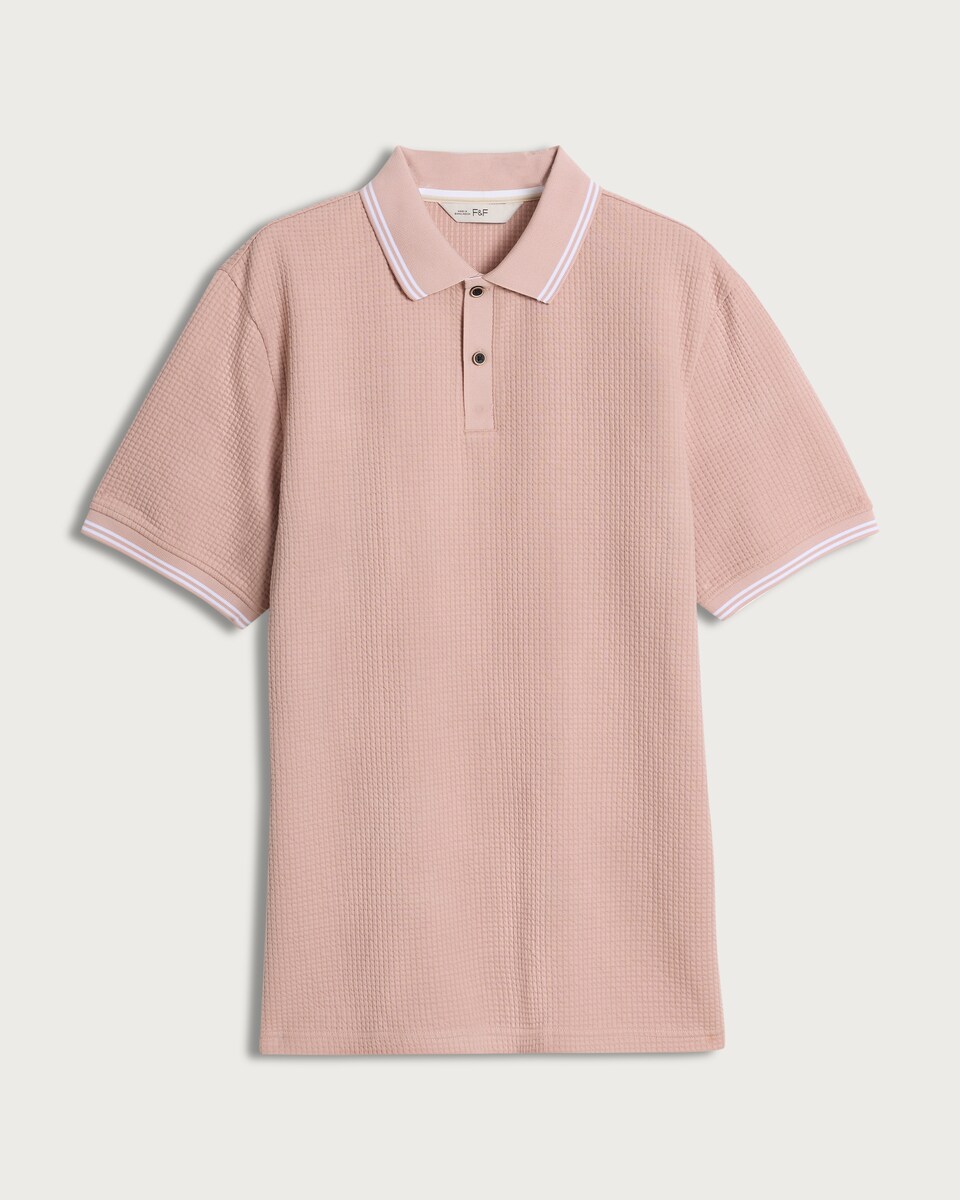 image 1 of F&F Cotton Blend Textured Short Sleeved Polo Shirt in Pink