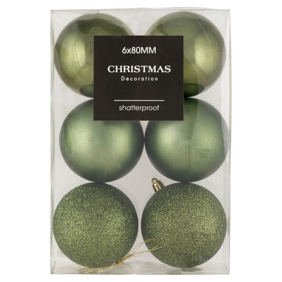 Zelené nerozbitné vianočné gule 80 mm 6 ks
