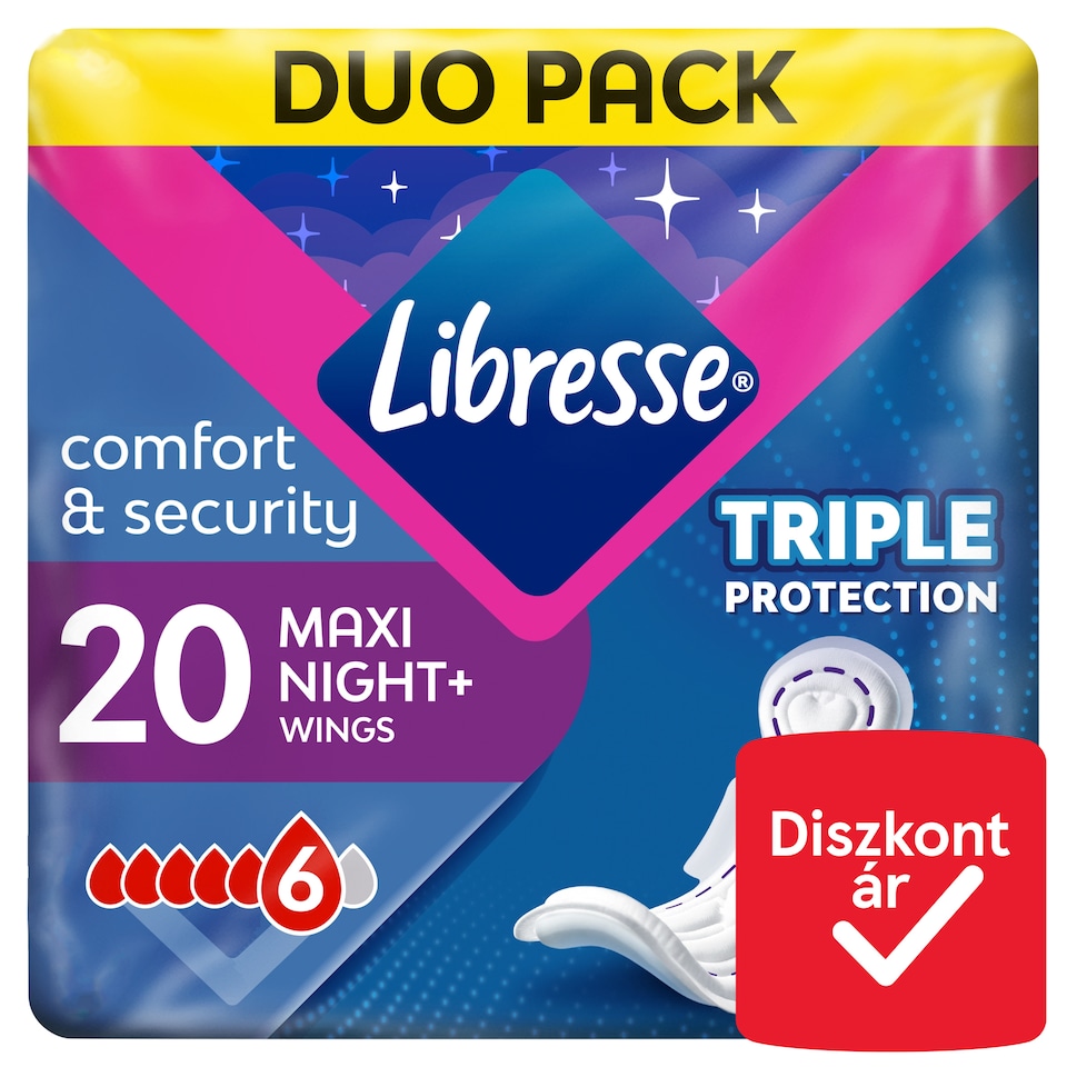 Libresse Maxi Night+ Comfort & Security egészségügyi betét éjszakai használatra 2 x 10 db  1. kép