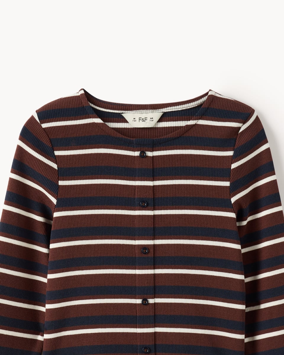 image 1 of F&F Girls Cotton Rich Striped Cardigan and Leggings Set in Brown