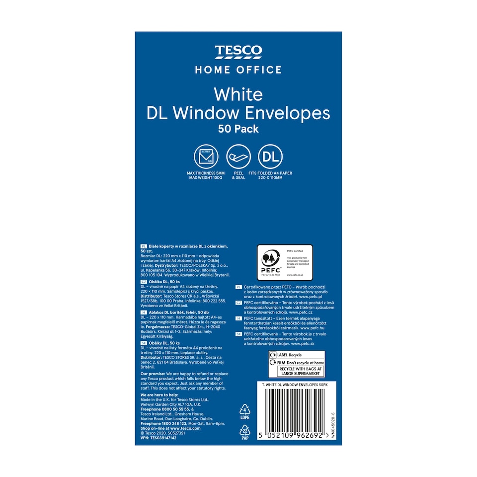 Tesco White DL Window Envelopes 50Pk