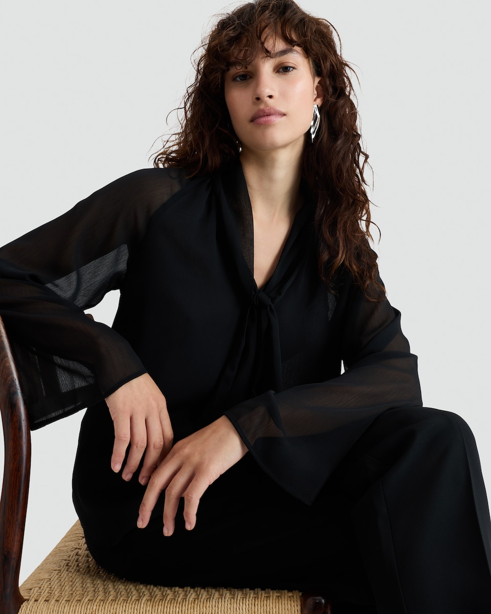 image 1 of F&F Tie Neck Long Sleeved Blouse in Black