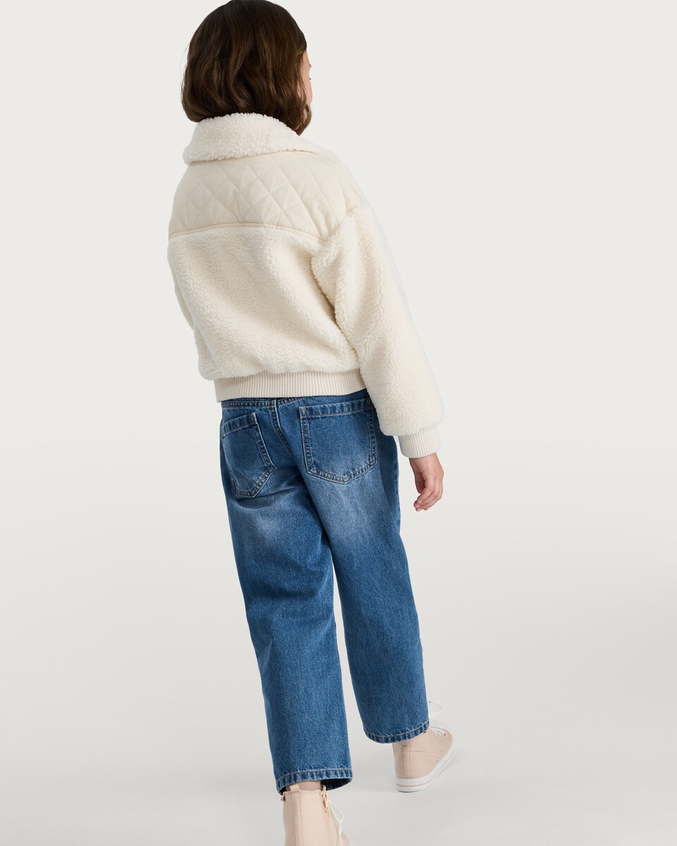 image 1 of F&F Girls Borg Quilted Zip Pocket Jacket in Cream
