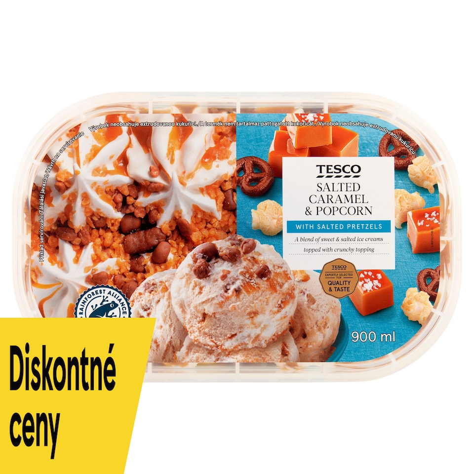 Tesco Mrazený krém so slaným karamelom a mrazený krém s príchuťou pukancov 900 ml