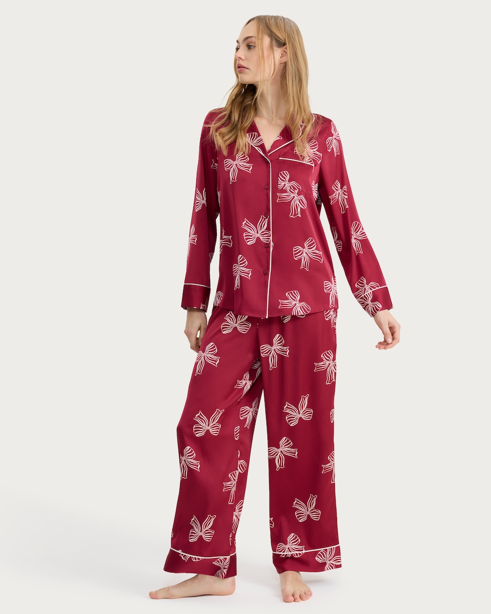 image 1 of F&F Satin Bow Print Pyjama Set in Red