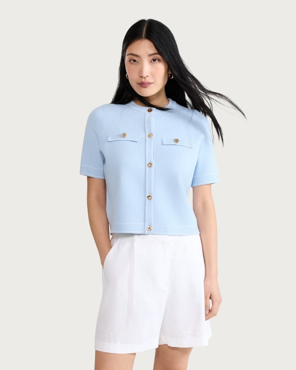 image 1 of F&F Knitted Short Sleeved Contrast Stitch Cardigan in Blue