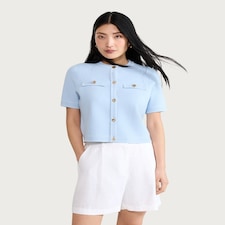 F&F Knitted Short Sleeved Contrast Stitch Cardigan in Blue