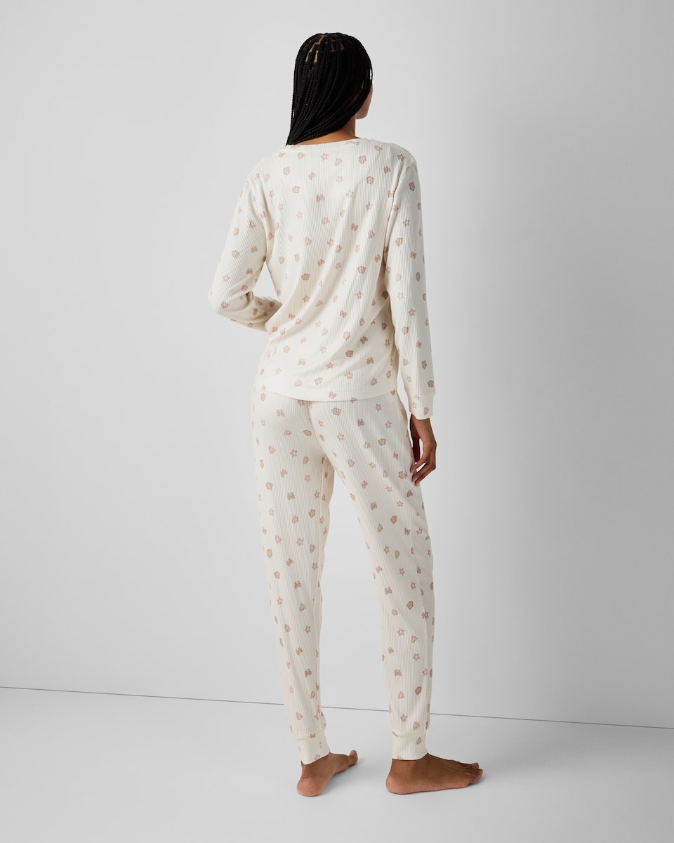 image 1 of Christmas Textured Gingerbread Top and Bottoms Pyjama Set in Cream