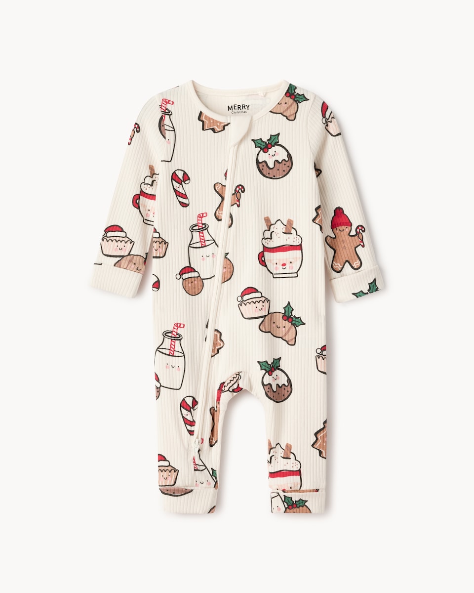 image 1 of Christmas Baby Cotton Rich Festive Treat Sleepsuit in White