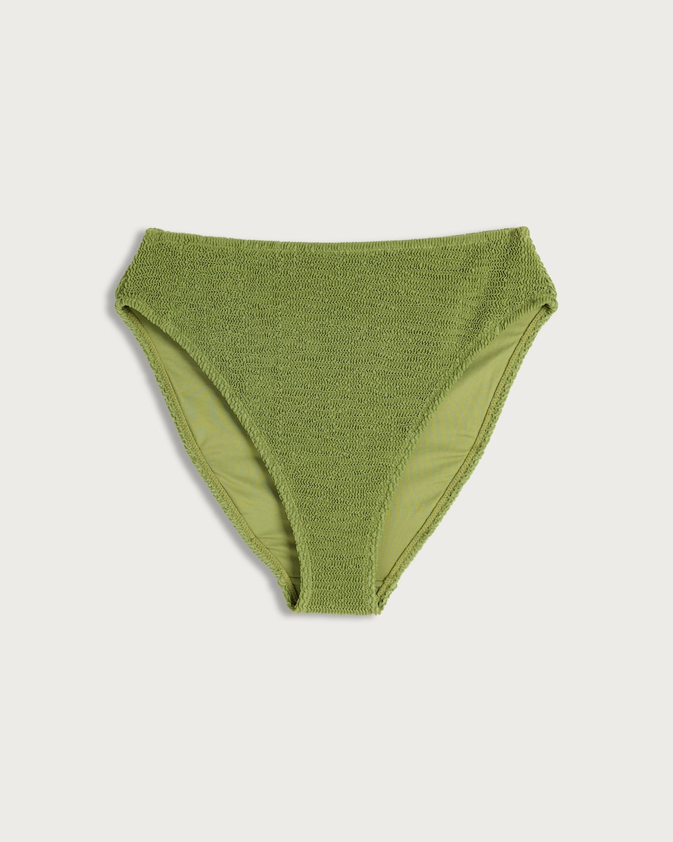 image 1 of F&F Crinkle Textured High Rise Bikini Bottoms in Green