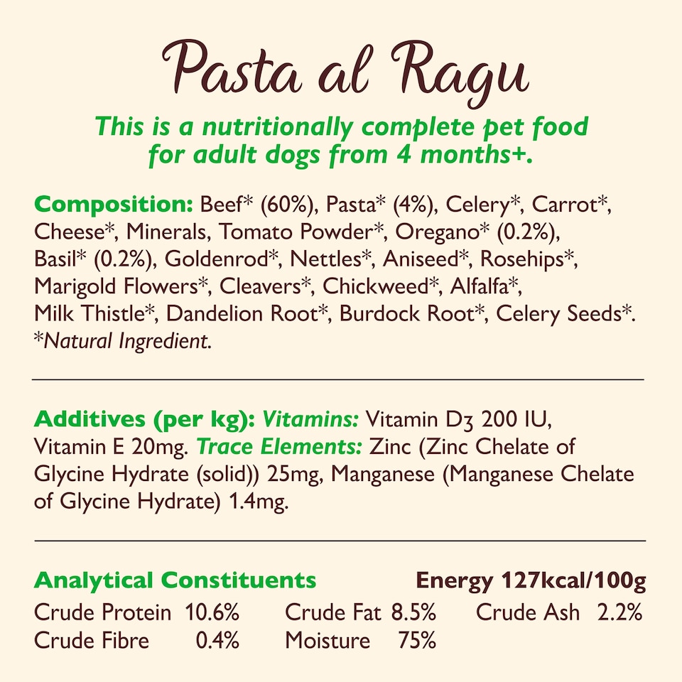 image 1 of Lily's Kitchen Pasta al Ragu with Beef, Pasta, Oregano and Basil Dog Food 150g