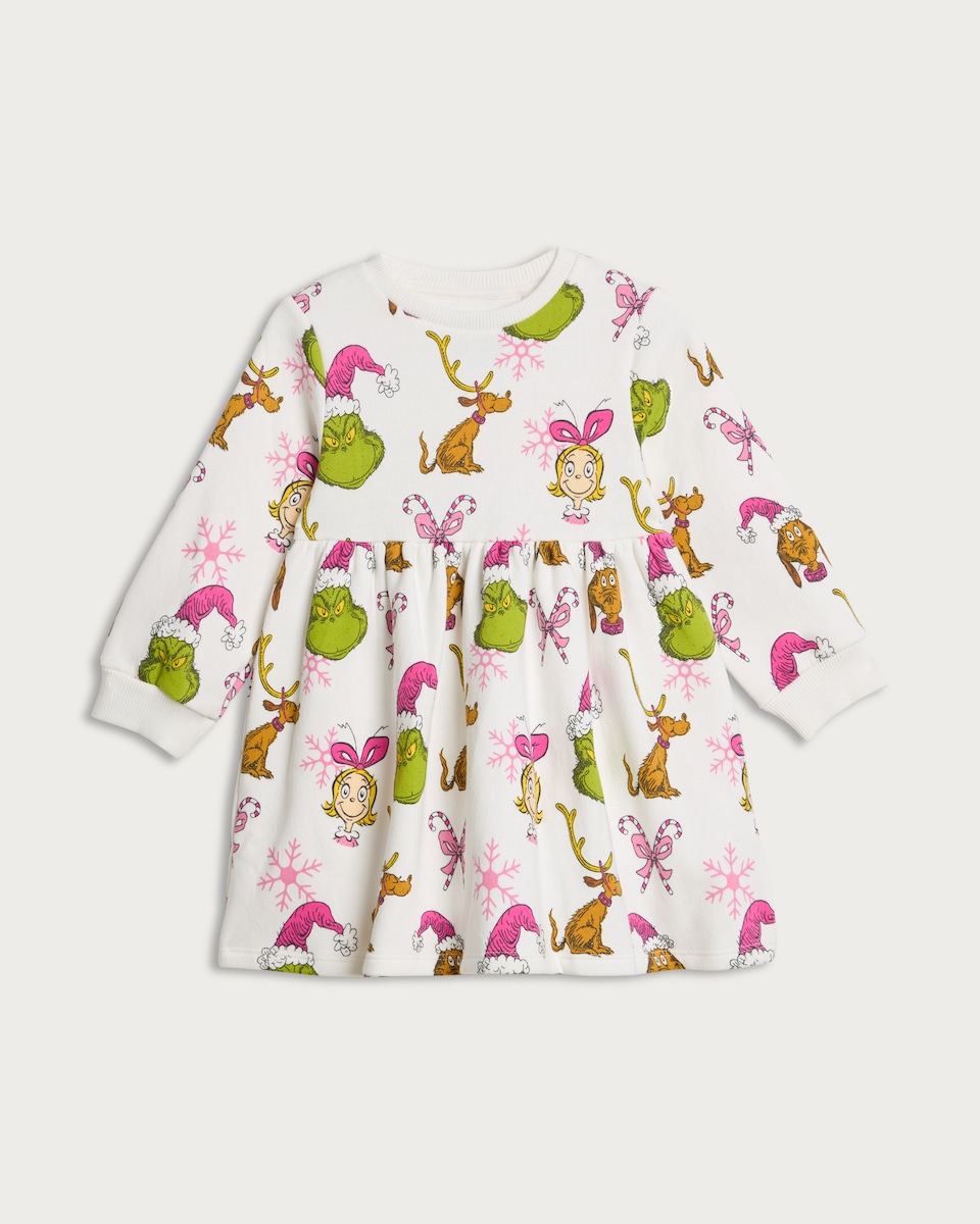 image 1 of The Grinch and Cindy Lou Who Print Cotton Rich Sweater Dress in Cream