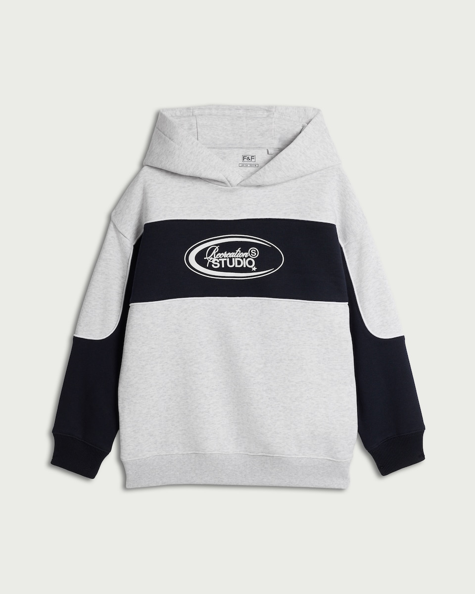 image 1 of F&F Boys Cotton Rich Colour Block Slogan Hoodie in Grey Marl