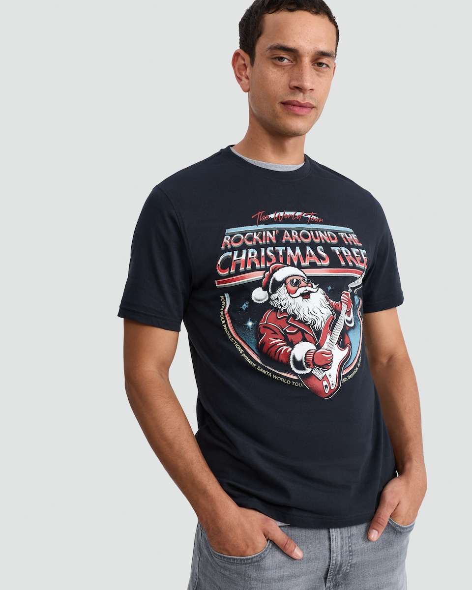 image 1 of F&F Pure Cotton Rockin' Around the Christmas Tree T-Shirt in Navy