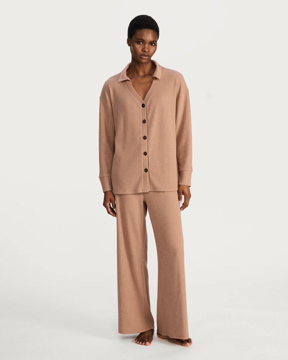image 1 of F&F Ribbed Revere Button Up Pyjama Set in Med Nude