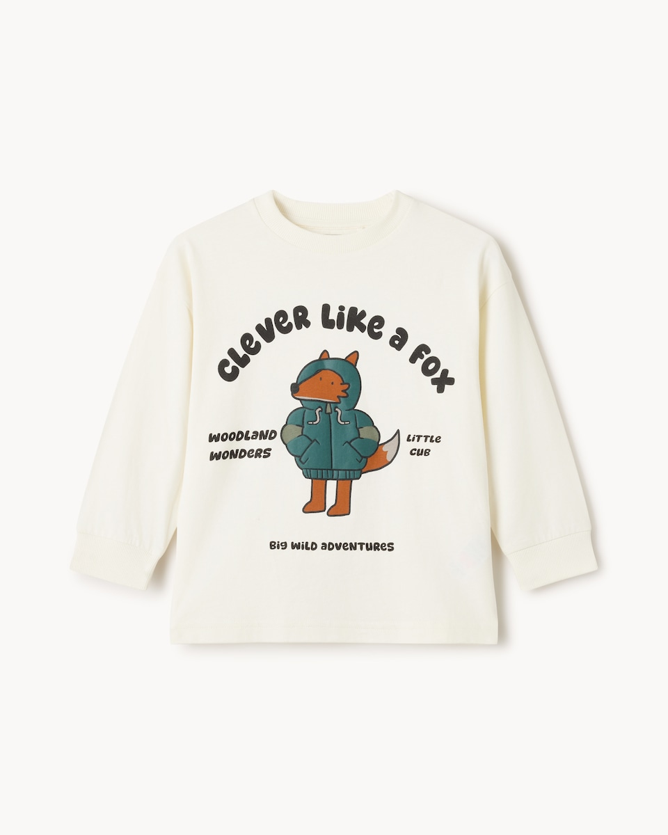 image 1 of F&F Boys Pure Cotton Fox Long Sleeved Top in Cream