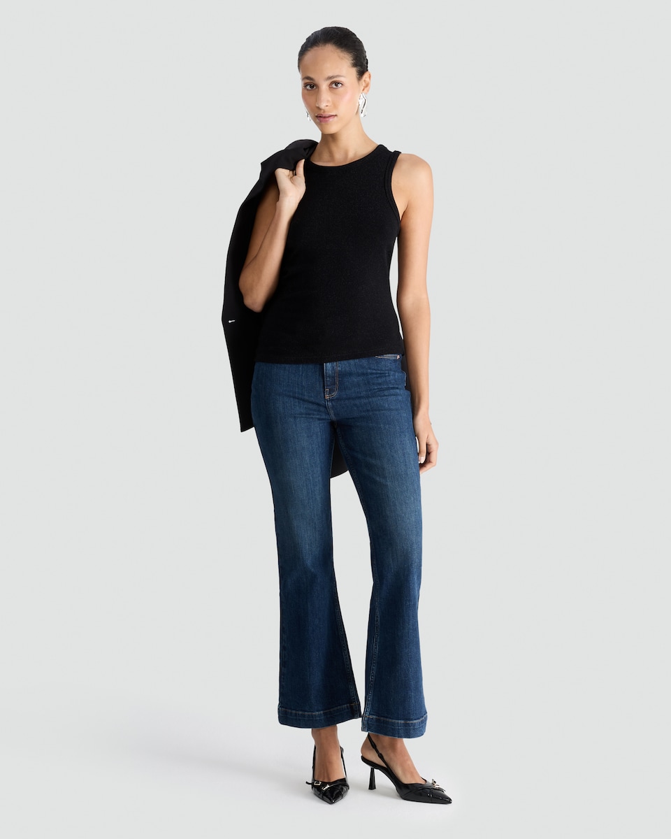 image 1 of F&F Lurex Ribbed Crew Neck Racer Vest in Black