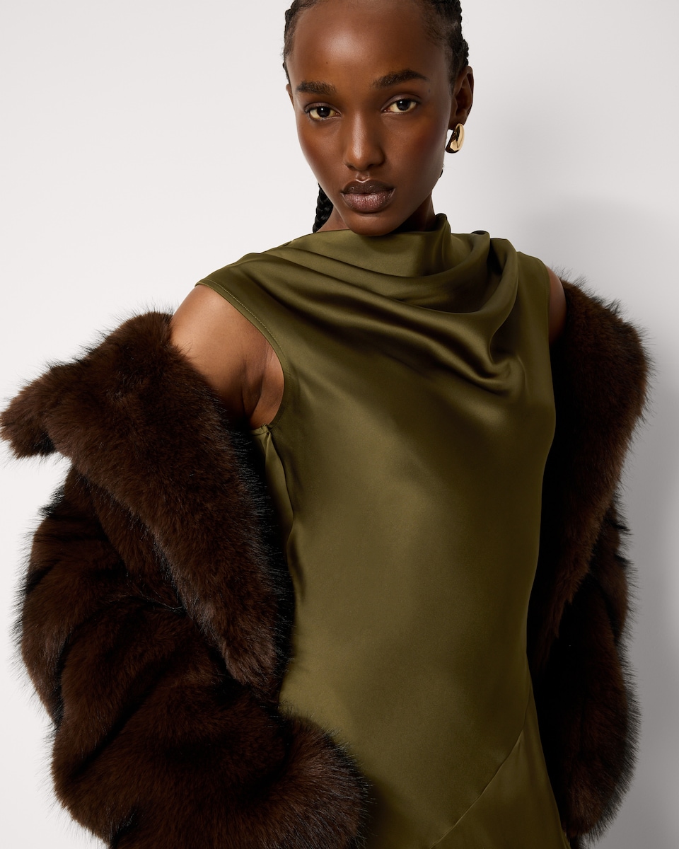 image 1 of F&F Satin Cowl Neck Midi Dress in Olive