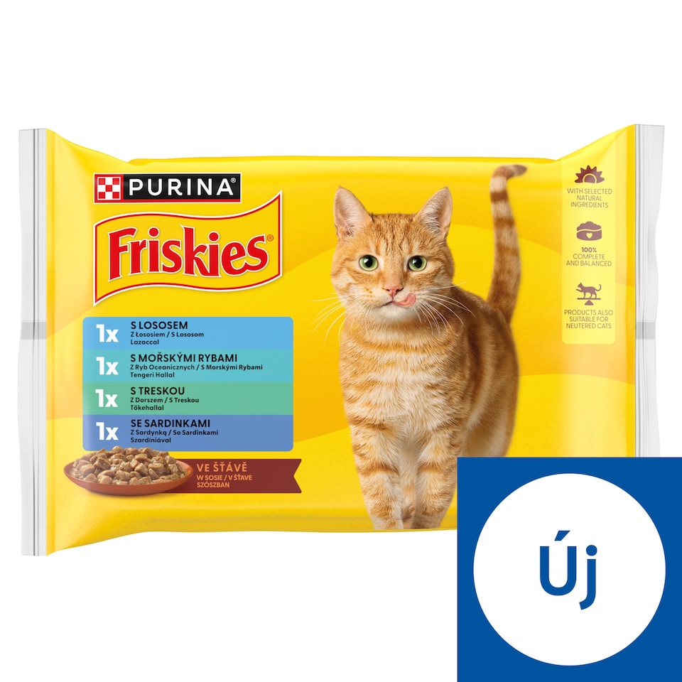 Purina Friskies szószban lazaccal/tengeri hallal/szardíniával/tőkehallal nedves macskaeledel 4x85 g