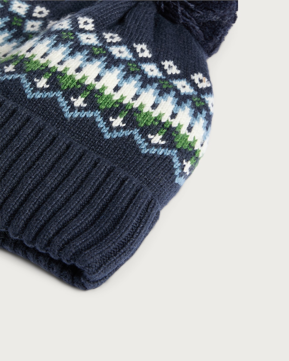 image 1 of F&F Knitted Fair Isle Fleece Lined Pom Pom Beanie in Navy
