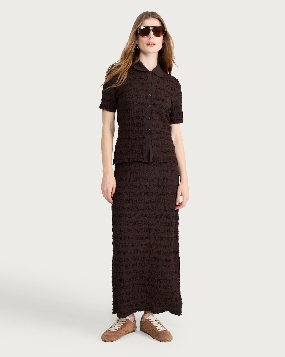 image 1 of F&F Crinkle Textured Button Up Co-ord Shirt in Chocolate