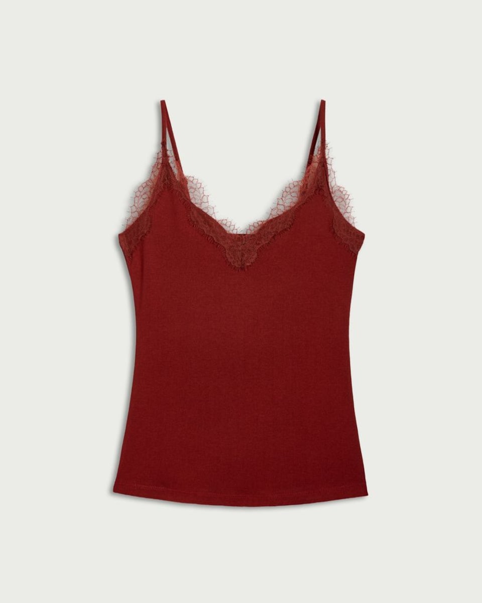 image 1 of F&F Lace Trim Strappy Vest in Burgundy