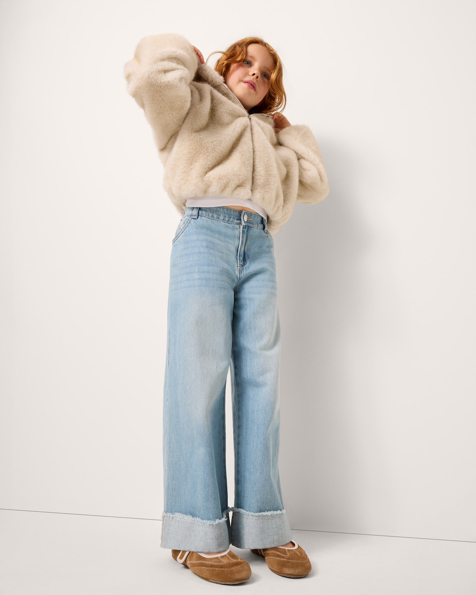 image 1 of F&F Girls Faux Fur Zip Up Jacket in Camel