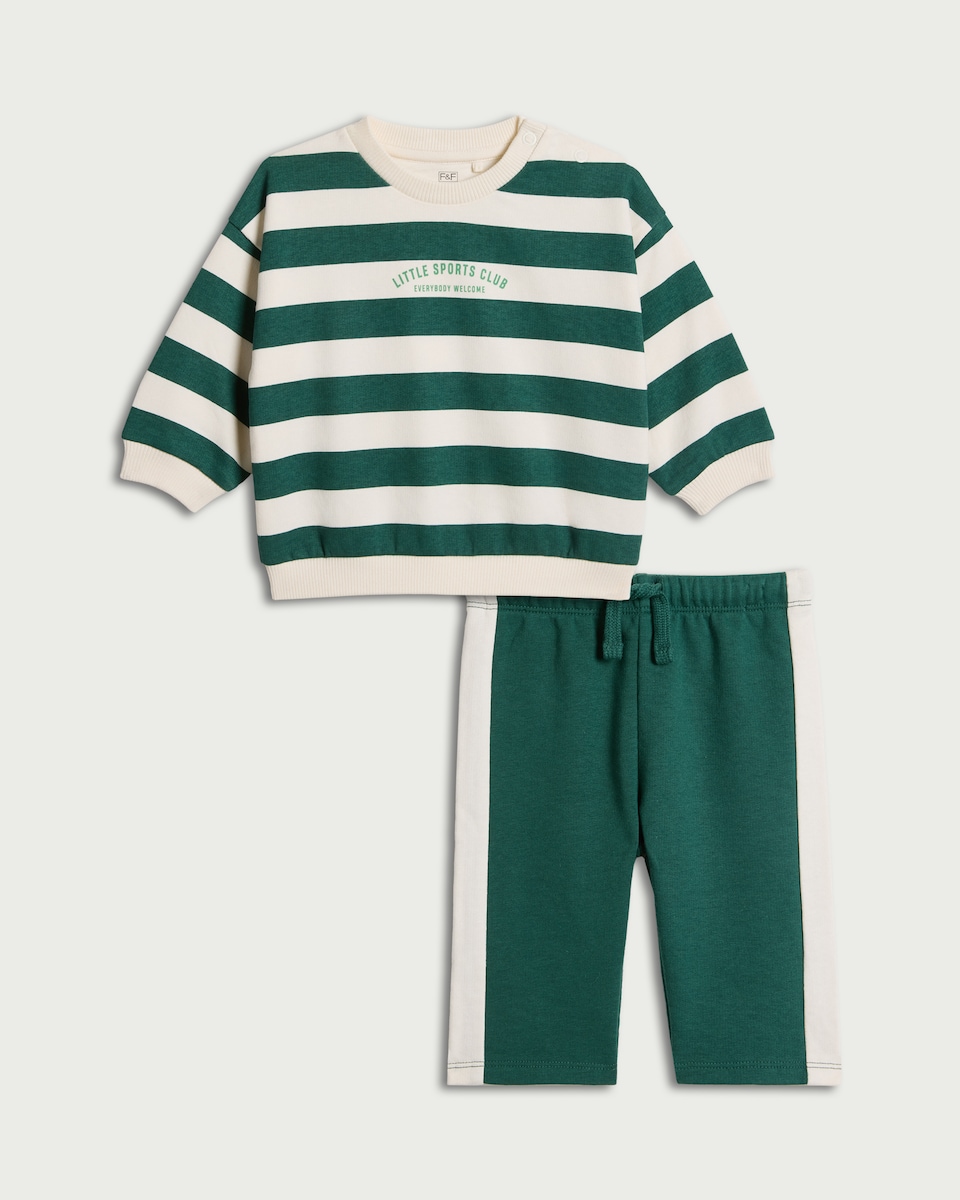 F&F Baby 2-Piece Cotton Rich Striped Sweatshirt and Joggers Set in Green