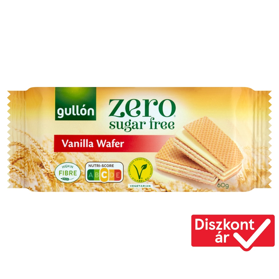 Gullón Zero vanília ízesítésű krémmel töltött ostya édesítőszerrel, cukormentes 60 g  1. kép