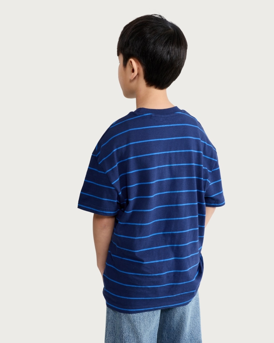 image 1 of F&F Boys Pure Cotton Striped LA Slogan Oversized T-Shirt in Navy