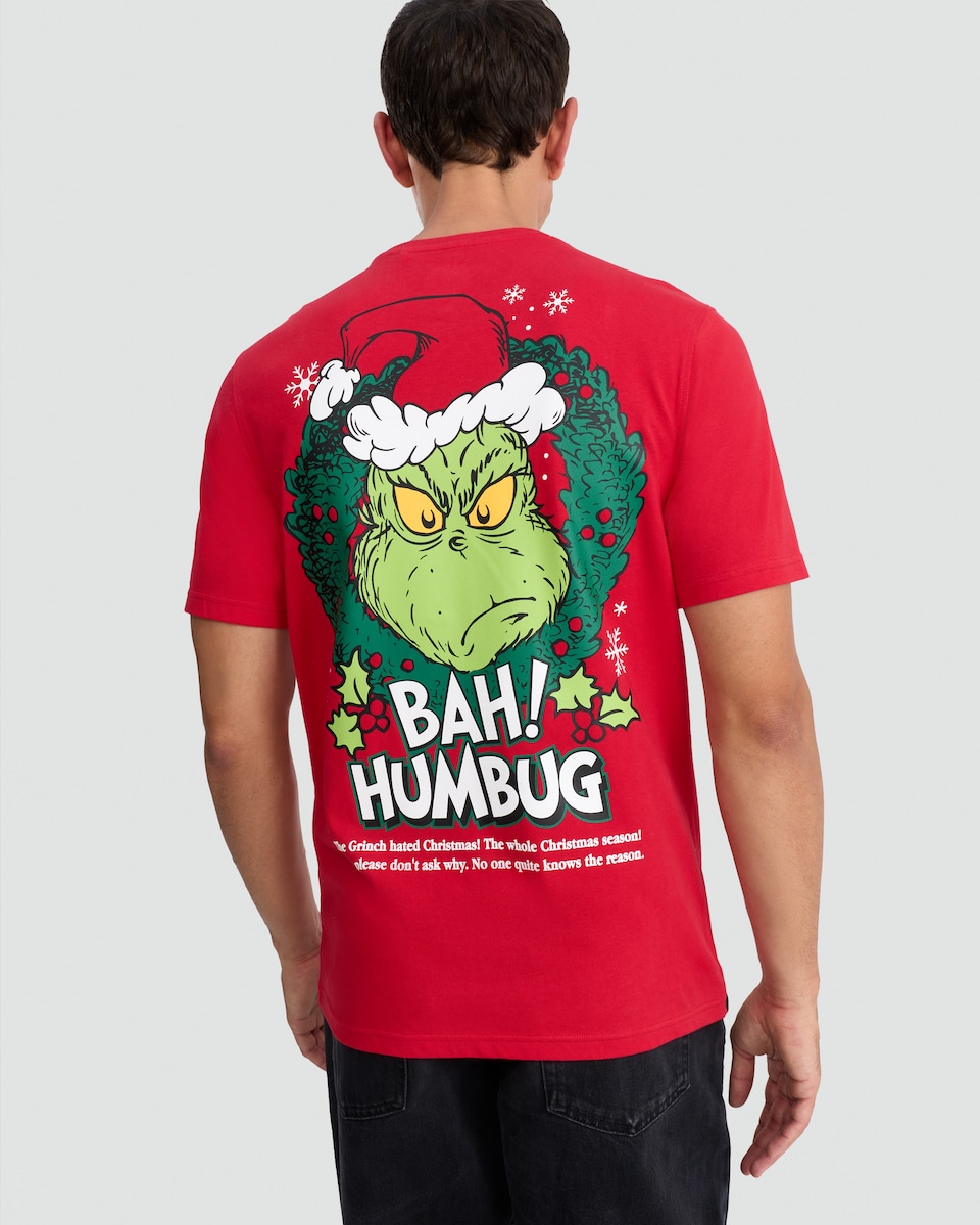 image 1 of The Grinch Pure Cotton Christmas Quote T-Shirt in Red