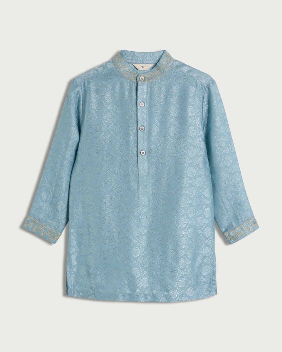 image 1 of F&F Boys Jacquard Embroidered Longline Kurta in Teal